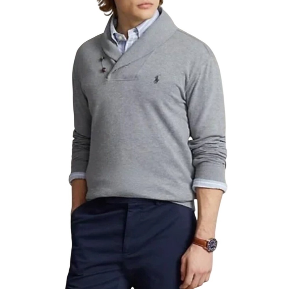 Polo Ralph Lauren Luxury‎ Jersey Shawl Collar Pullover Mens L Heather Grey Pony